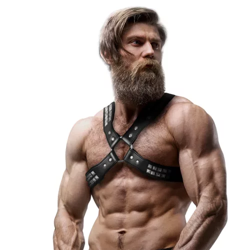 FETISS ALÁVETETTSÉG – FÉRFI KERESZTBE TETT MELLKAS ECO-BŐR HÁM SZEGECSEL